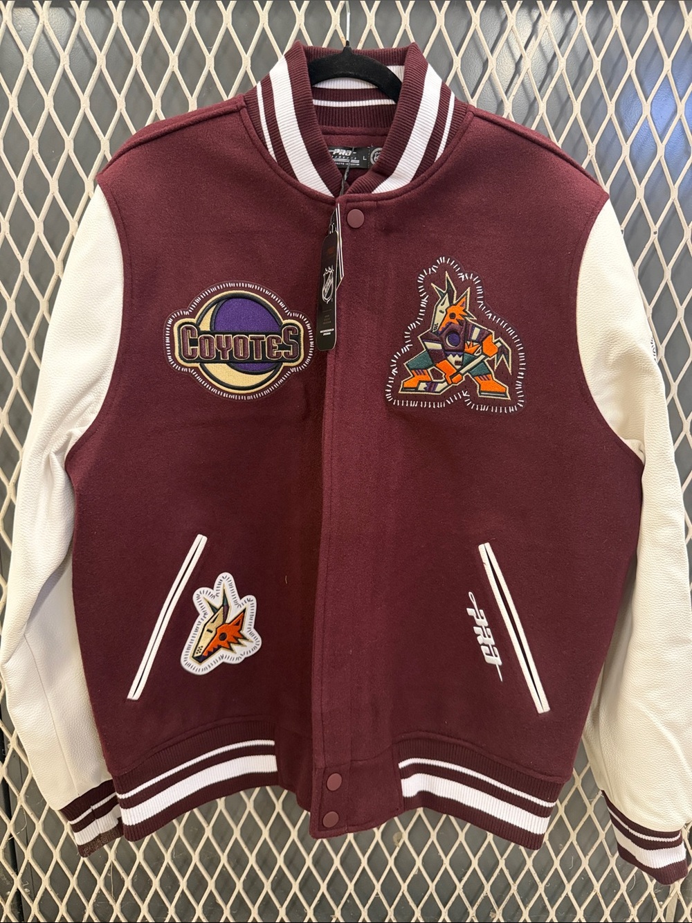 Men's Maroon and White Varsity Bomber Jacket with Team Patches